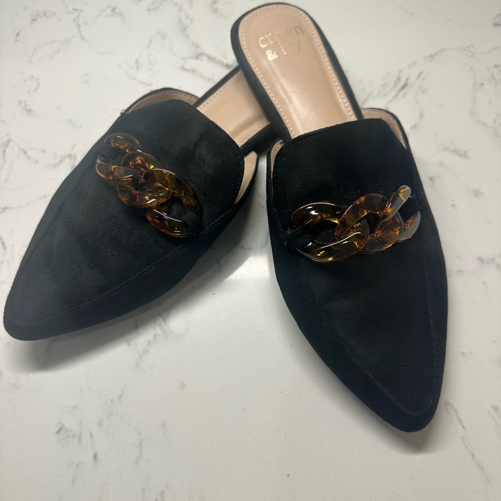 CROWN & IVY black suede mules, tortoise chain on top, low heel
